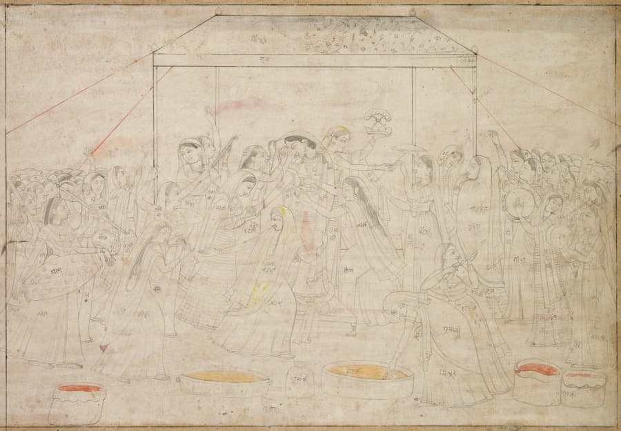 Krishna being dressed in women’s clothes for the spring festival Holi