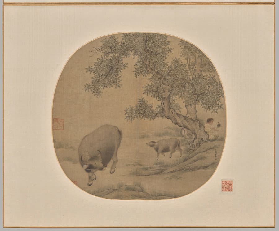 Man, Buffalo, and Calf