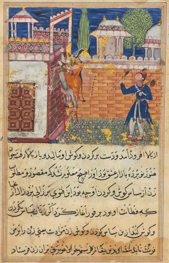 The deceitful wife returns to her terrace after caressing her lover, from a Tuti-nama (Tales of a Parrot): Eighth Night