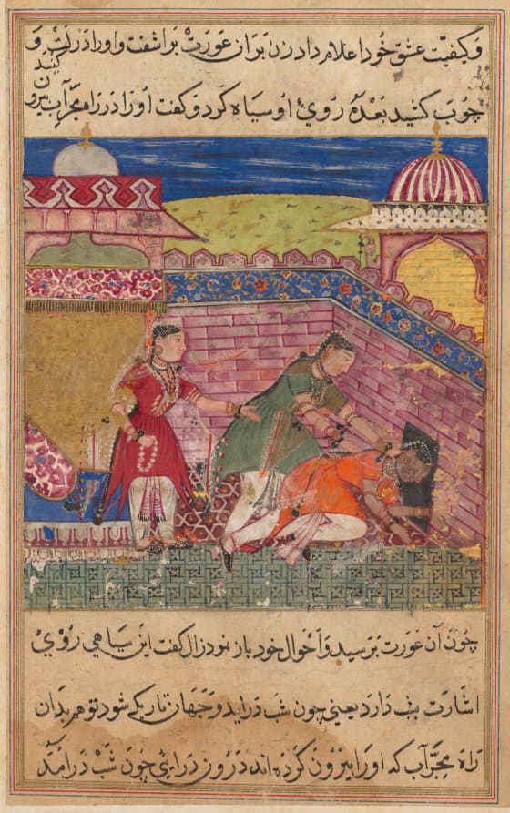 The deceitful wife ejects the procuress after blackening her face, from a Tuti-nama (Tales of a Parrot): Eighth Night