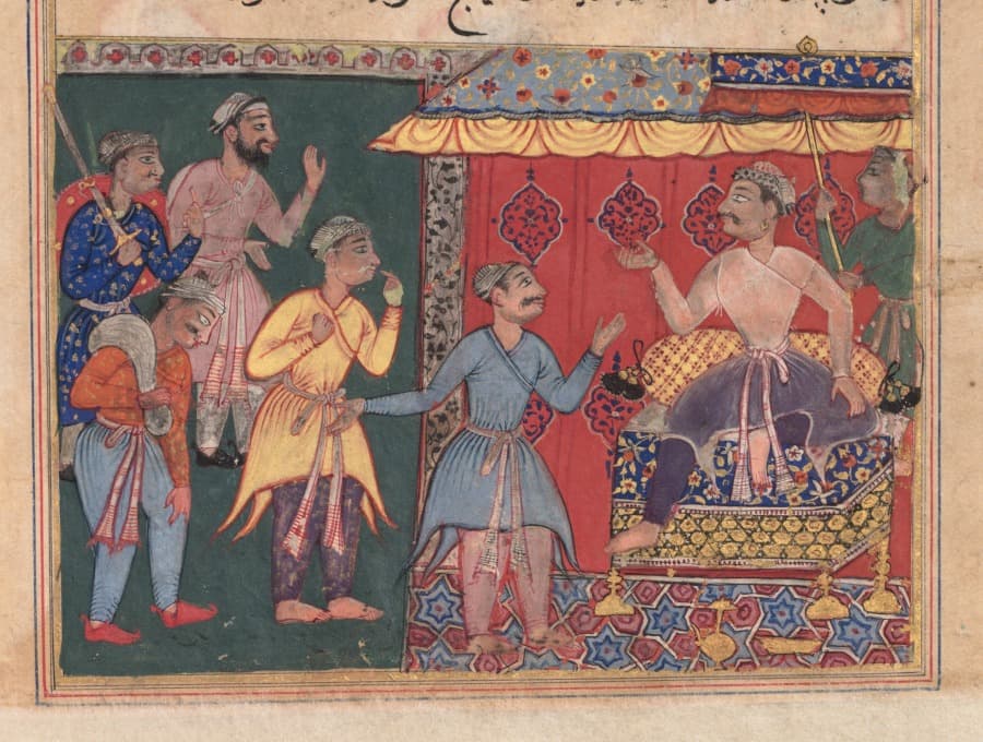 King Bhojaraja tries in vain to ascertain the whereabouts of the pearl from the four travelling companions, from a Tuti-nama (Tales of a Parrot): Twelfth Night
