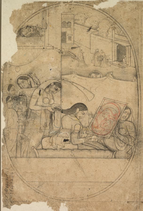 Radha's hair being dressed