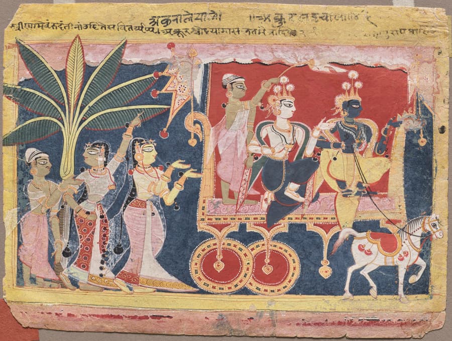 Akrura Drives Krishna and Balarama to Mathura, from the “Isarda Bhagavata Purana”