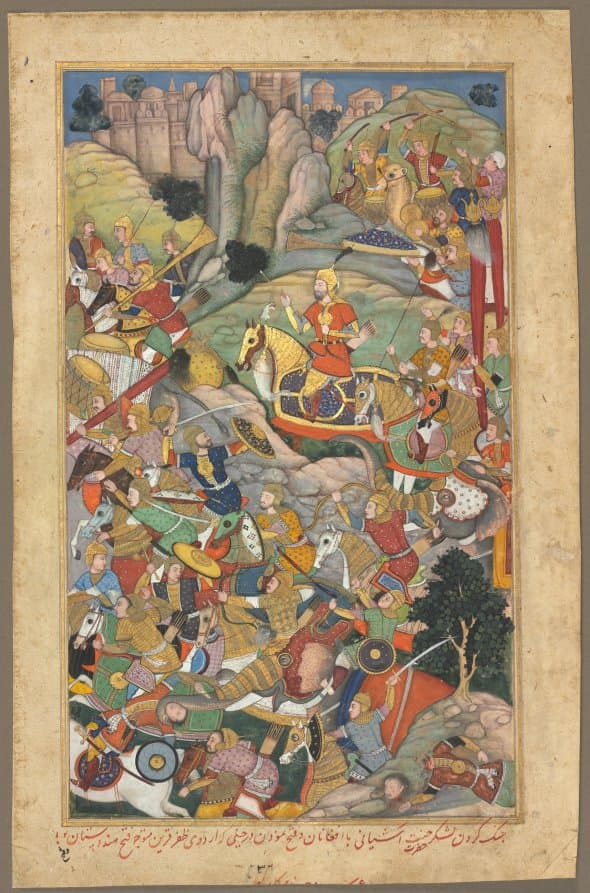Mughal ruler Humayun defeating the Afghans before reconquering India, folio from an Akbar-nama (Book of Akbar) of Abu’l Fazl (Indian, 1551–1602)