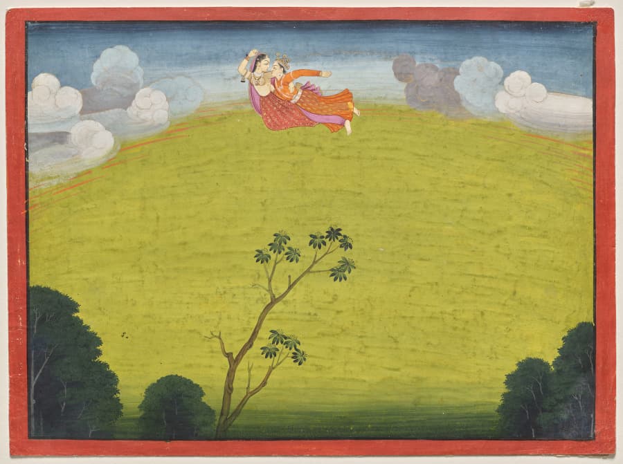 Pradyumna and Mayavati Fly to Dvaraka, from the Large Basohli Bhagavata Purana