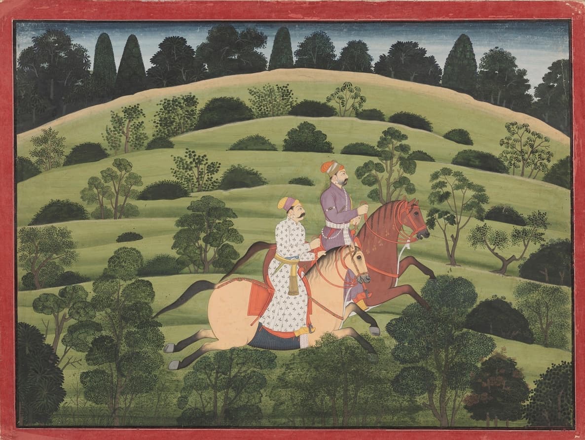 Akrura and Kritavarma flee Dvaraka, page from the "Large Basohli" Bhagavata Purana