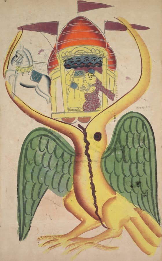 Jatayu hinders Ravana’s chariot, trying to prevent the abduction of Sita (recto), from a Kalighat album