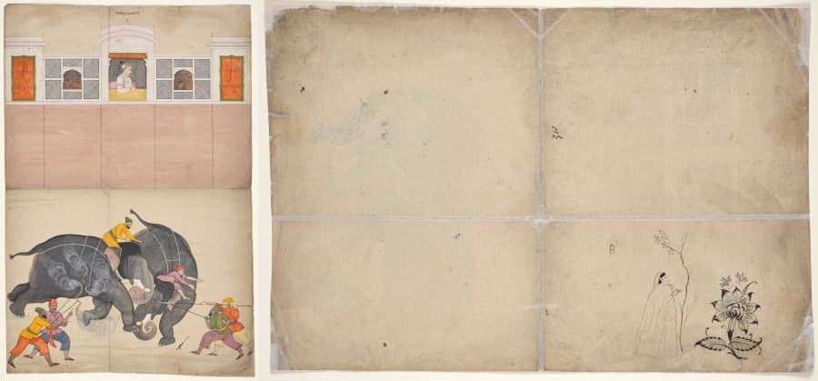 Two Elephants Fighting in a Courtyard Before Muhammad Shah