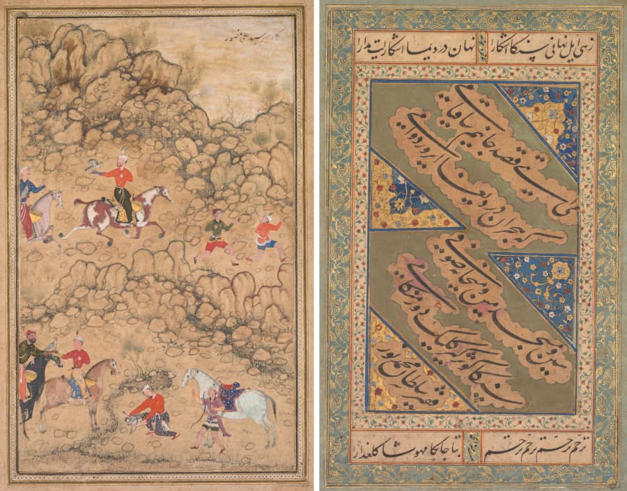 Hunting with falcons in a landscape; verso: Calligraphy of Chaghatai Turkish poems in praise of wine, Sultan Muhammad Nur (Persian, c. 1472–1536) and Mirza Muhammad (probably Persian, active c. 1520s)