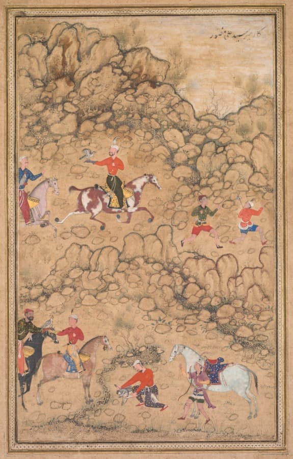 Hunting with falcons in a landscape (recto)
