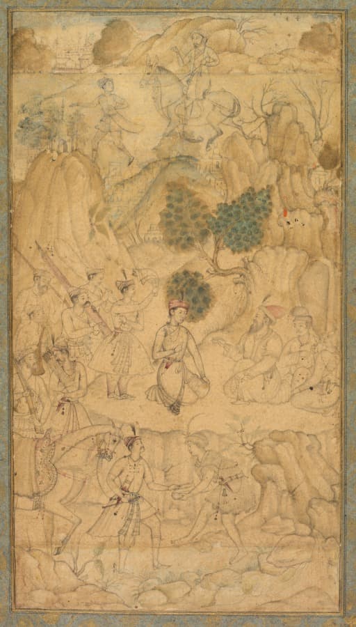 A prince visiting a holy man in a rocky landscape