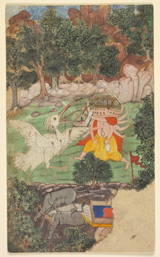 Battle of Ravana and Jatayu, from Chapters 50 and 51 of the Aranya Kanda (Book of the Forest) of Valmiki's Ramayana (Rama’s Journey); folio from the "Burnt" Ramayana