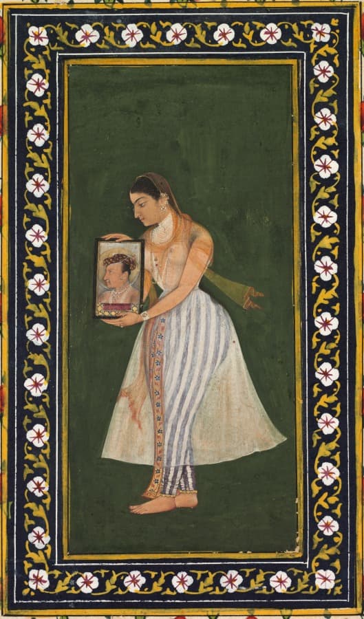 Nur Jahan holding a portrait of Emperor Jahangir