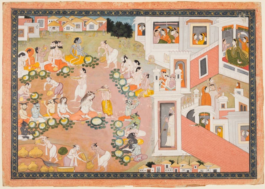 Feast where Vishnu decides he will incarnate as King Dasharatha’s sons, from Chapters 14–15 of the "Bala Kanda" (Book of Childhood) of a Ramayana (Rama’s Journey)